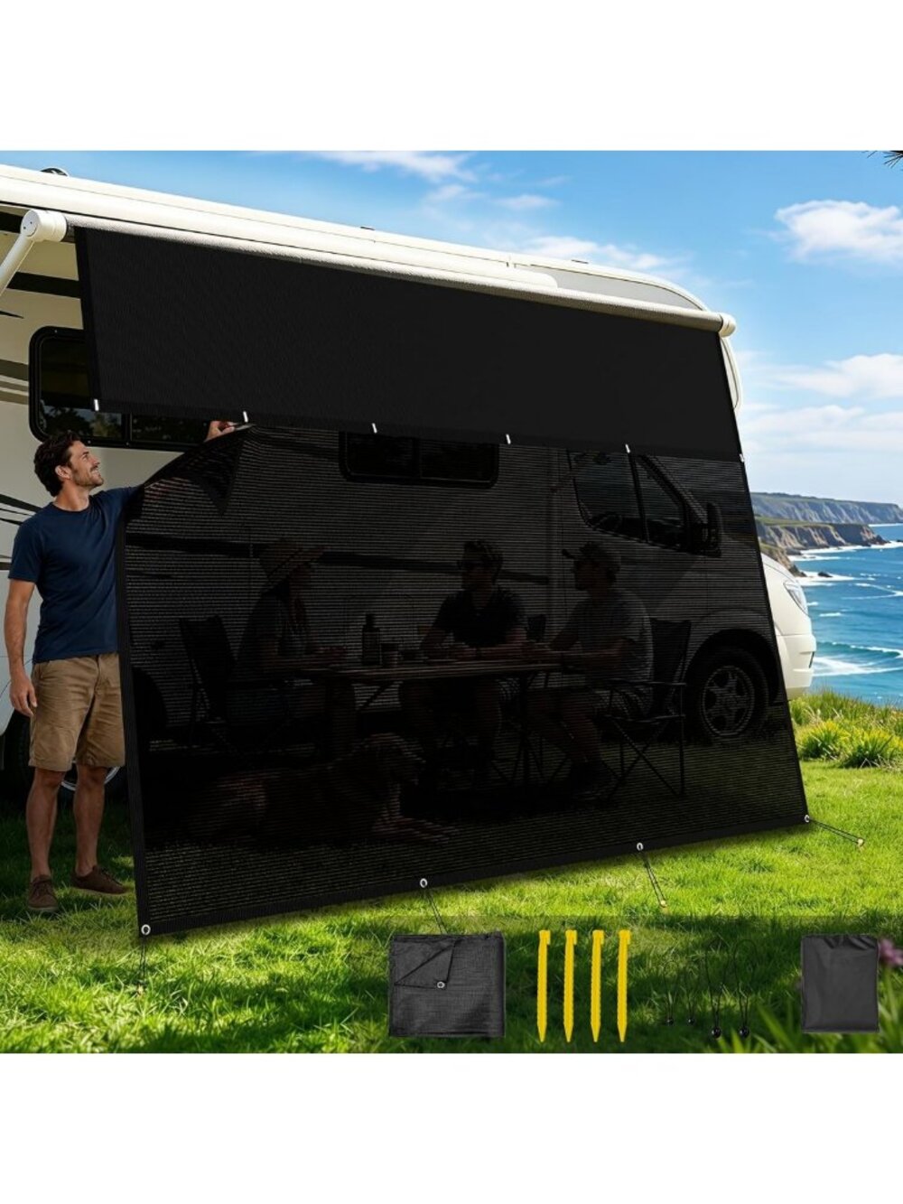 UV Block RV Awning Sun Shade Screen, 8' x 15'3", Zippered Outdoor Protection